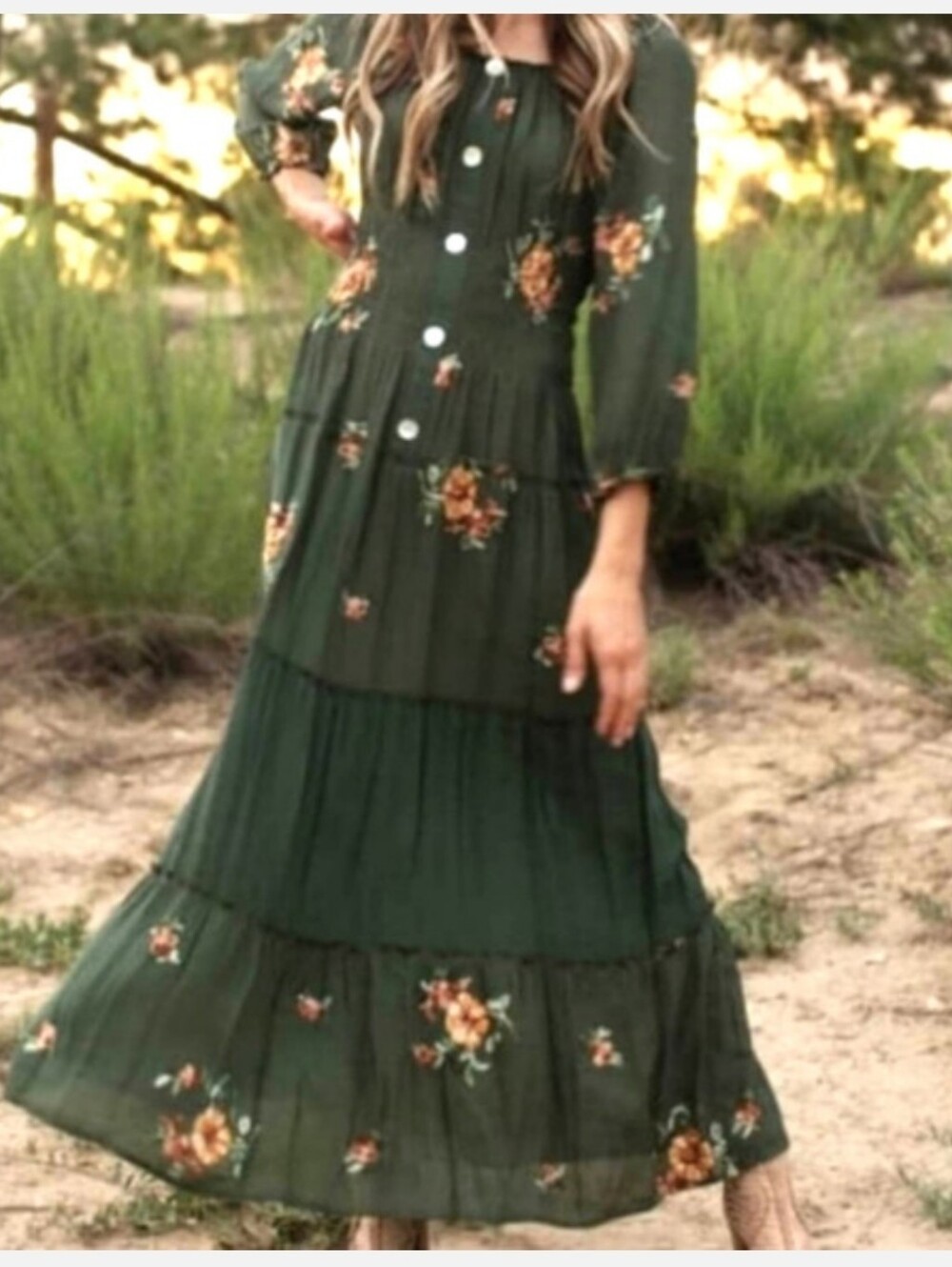 Fig & Flower Anthropologie Olive Green Embroidered Peasant Boho Maxi Dress Sz M